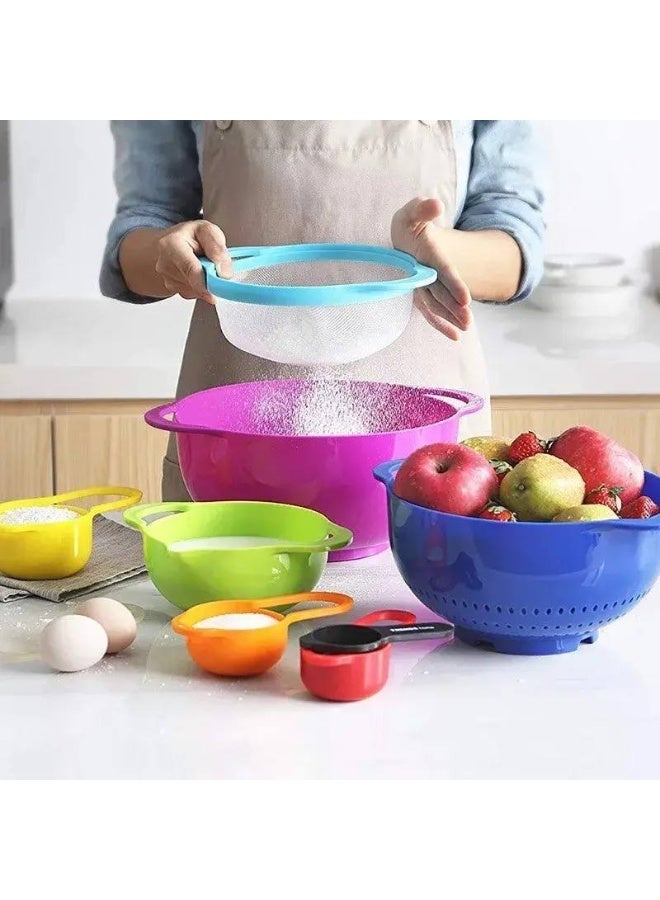 طقم أوعية خلط مكون من 10 قطع، أوعية مطبخ ملونة، مصفاة شبكية بمقابض، أكواب وملاعق قياس قابلة للتكديس، أوعية بلاستيكية متداخلة مع صنبور سهل الصب للطبخ في المطبخ - Image 4